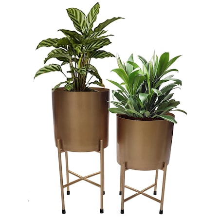 Uniquewise Set of 2 Decorative Modern Gold Metal Cylinder Floor Flower Planter Holders with Stand, 22" and 18" Tall, Perfect for your Entryway, Living Room, or Dining Room QI004243